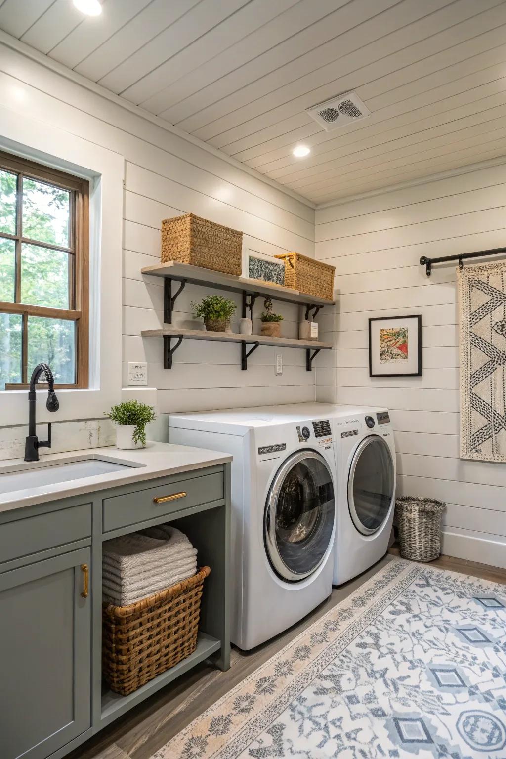 Painted tongue and groove walls bring style to this laundry room.