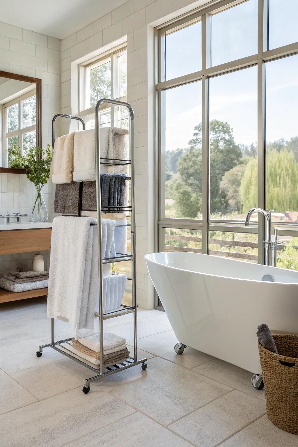Realize flexibility via an unattached towel stand, best applied aimed at adjustable placement resolutions.