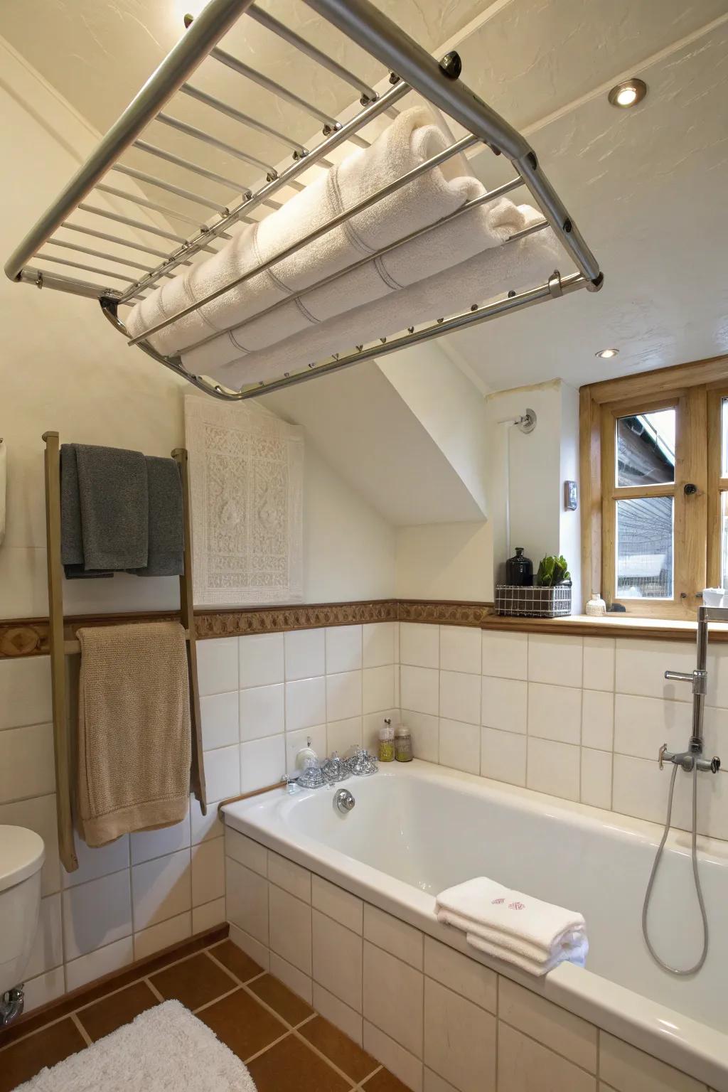 Ceiling-mounted drying racks free up floor area.