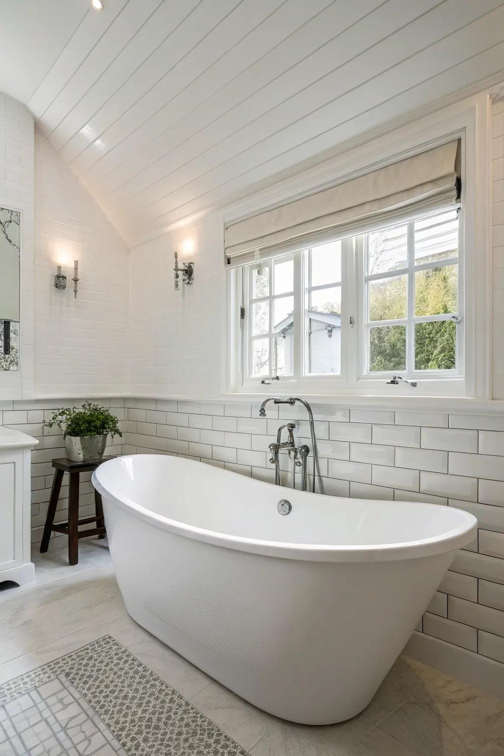 A white bathroom featuring a statement bath that anchors the space.