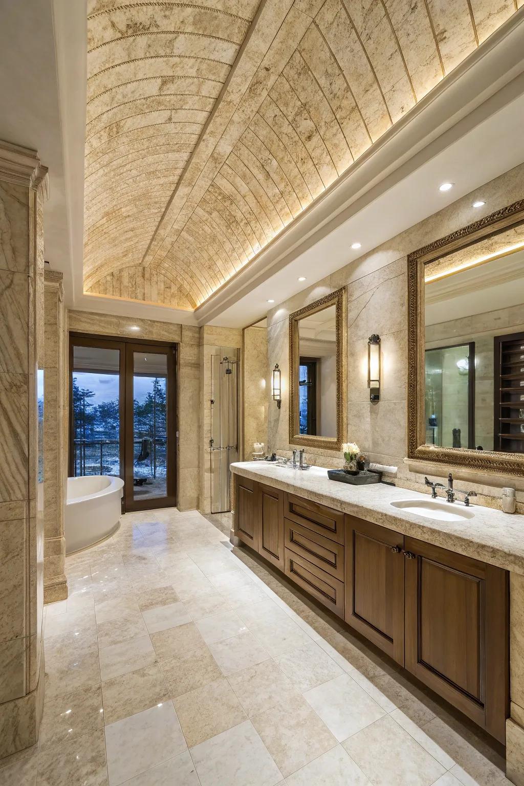 A luxurious bathroom featuring a statement travertine ceiling.