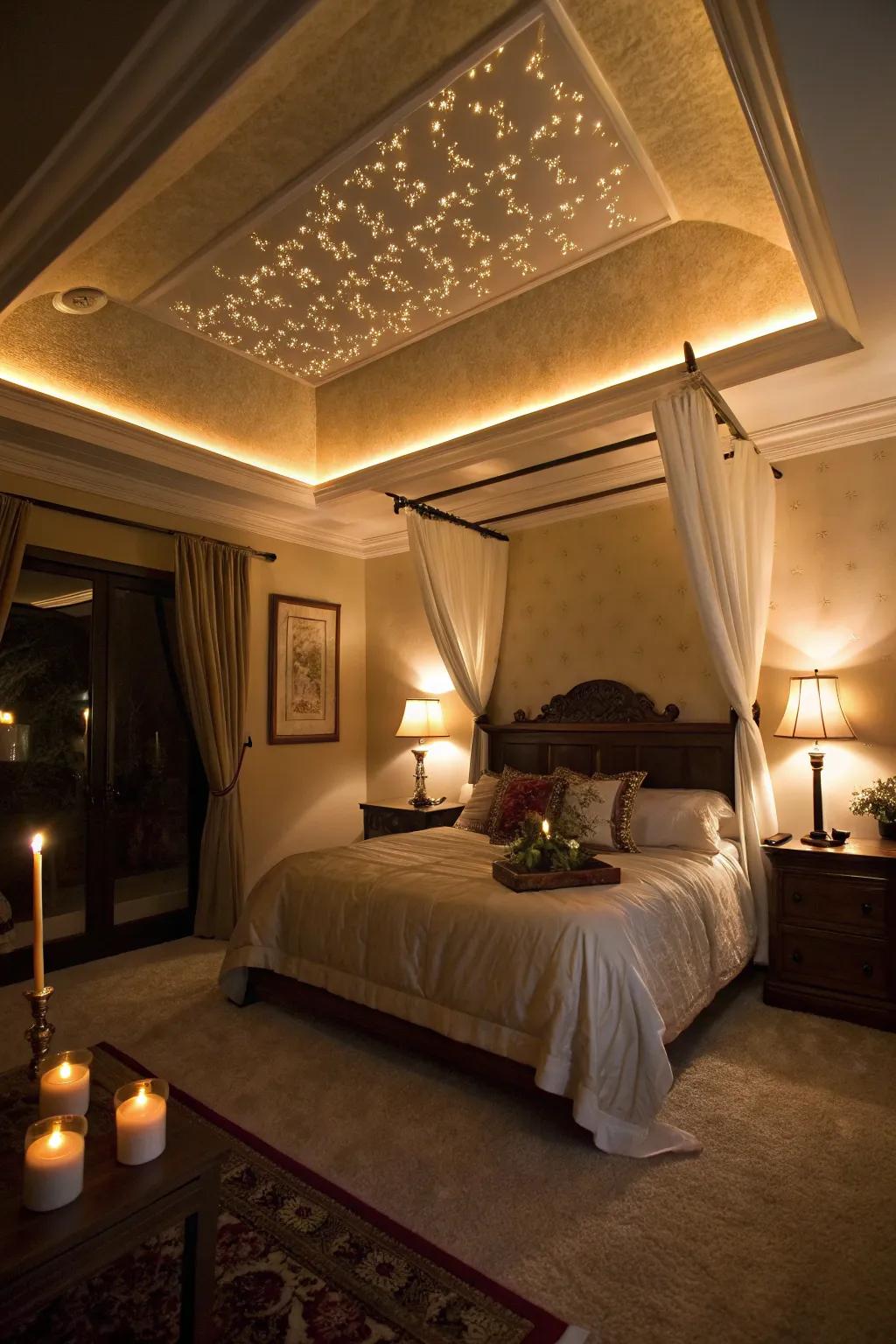 A romantic room with a tray ceiling featuring cove lighting.