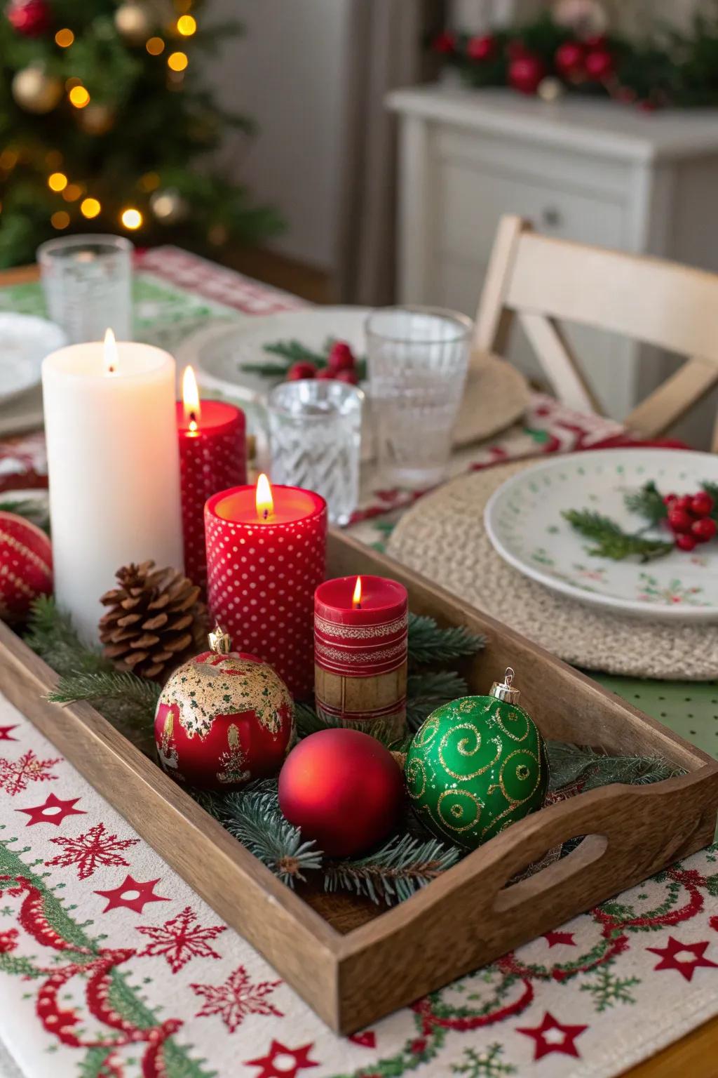 A festive table adorned with holiday-themed tray decor.