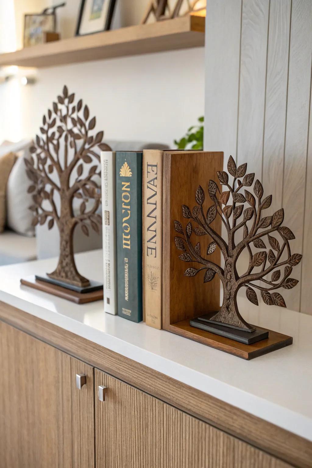 Arbor Vitae bookends introduce a unique touch to a stylish bookshelf.