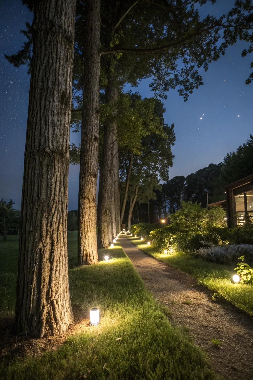 Motion sensor lights contribute a dynamic element to tree illumination.