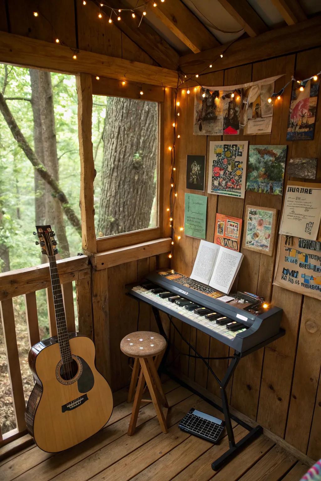 A music nook in a treehouse, inspiring creativity with a stringed instrument and small synthesizer.