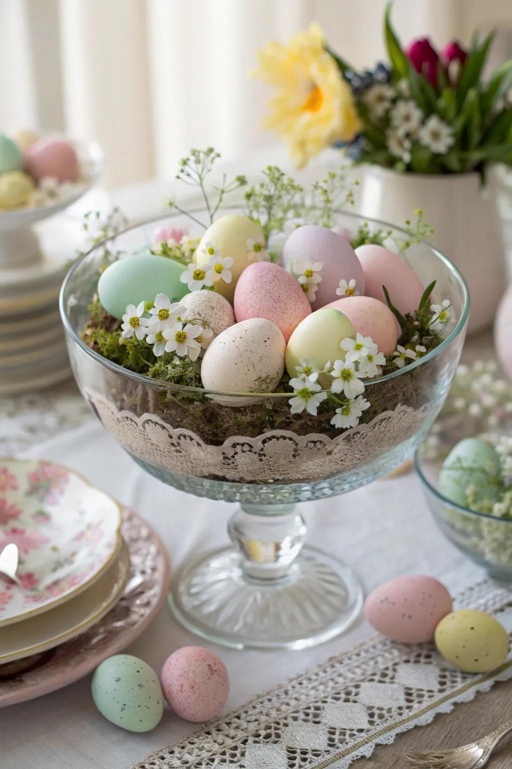 A trifle bowl highlighting the joy of Easter with colorful eggs.