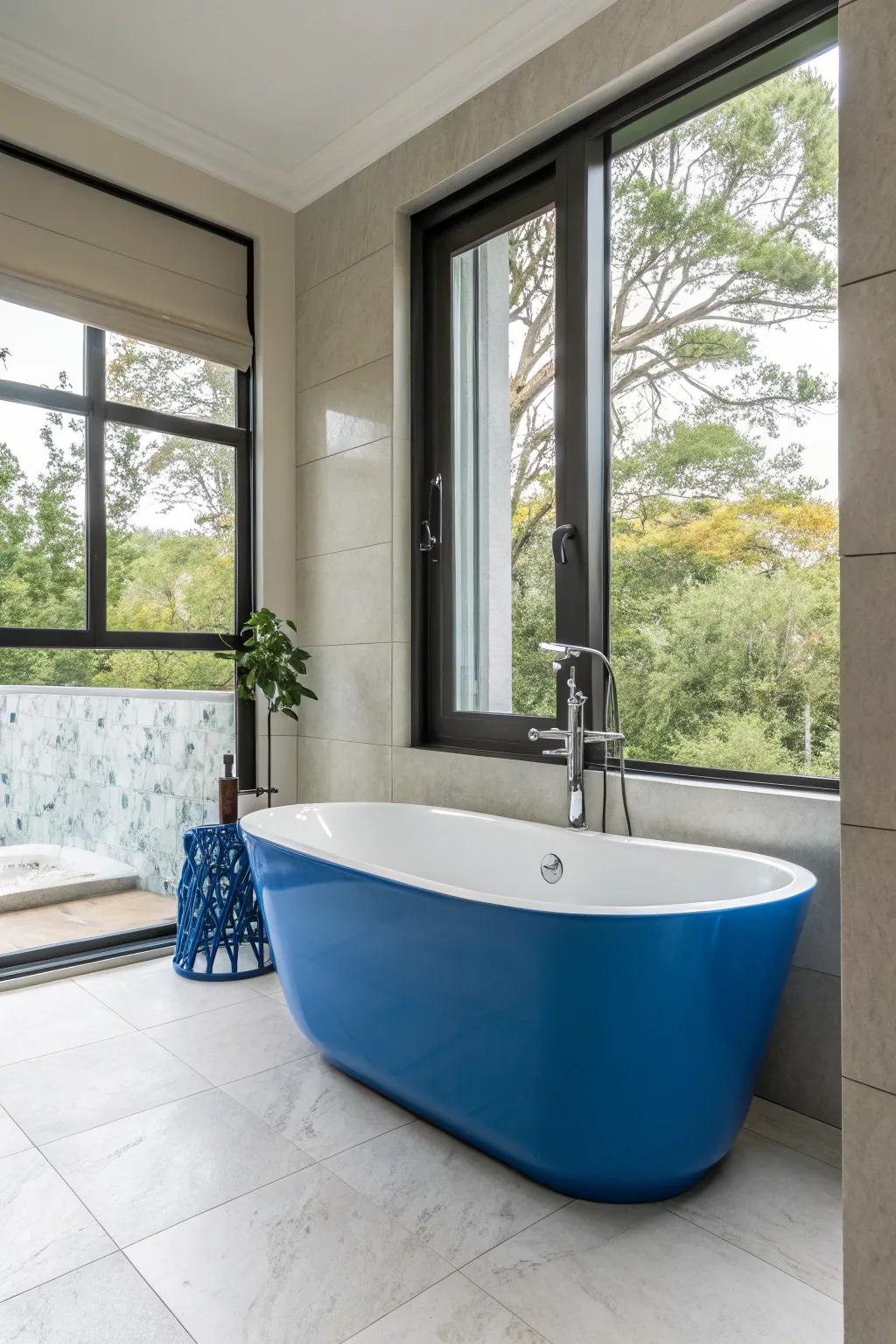 A colored tub makes a bold and lively statement in the bathroom.