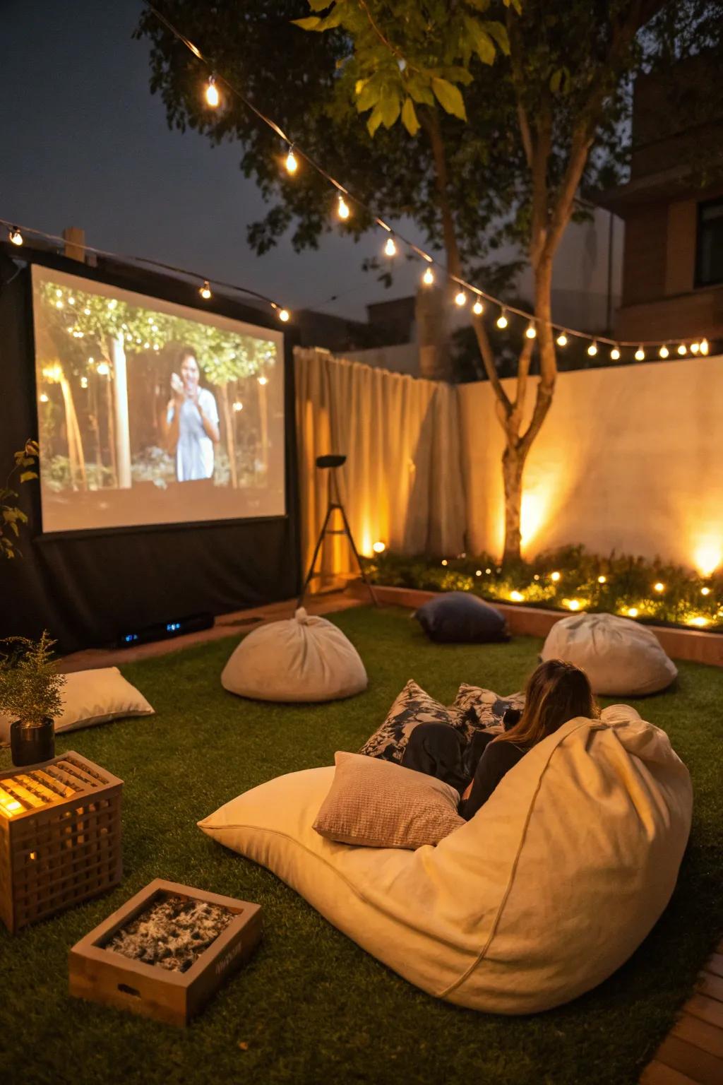 A magical movie night arrangement on <strong>faux grass</strong>.” loading=”lazy” class=”pimg”>
	</picture><figcaption>A magical movie night arrangement on <strong>faux grass</strong>.</figcaption></figure>
<p>Put together a <strong>movie night</strong> area on your <strong>faux grass</strong> with a projector and comfy seating. We’ve had magical evenings watching films beneath the stars.</p>
<h3>Items that may come in handy:</h3>
<ul class=