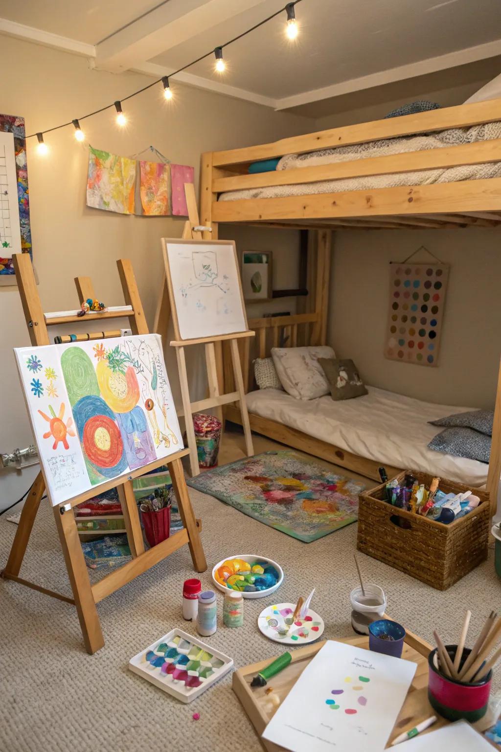 An inspiring art studio under the bunk bed.