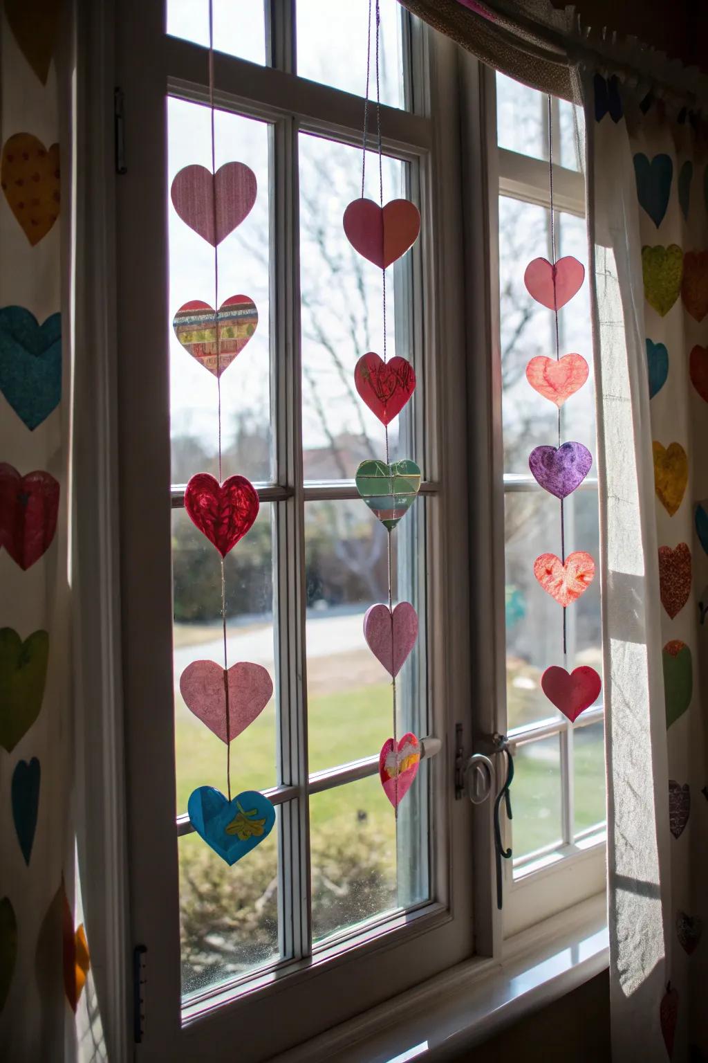 Playful heart ornaments in the window