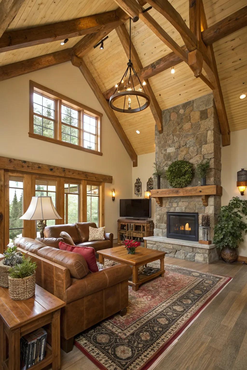 Nature-inspired design with unprocessed edge beams on a vaulted ceiling.