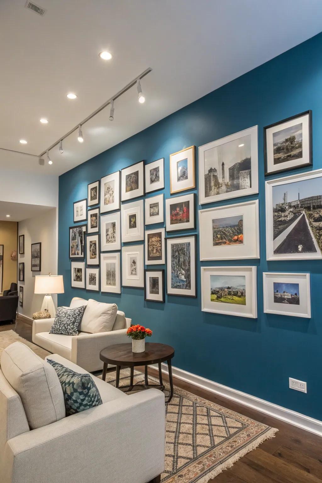 A gallery wall on a bold colored wall