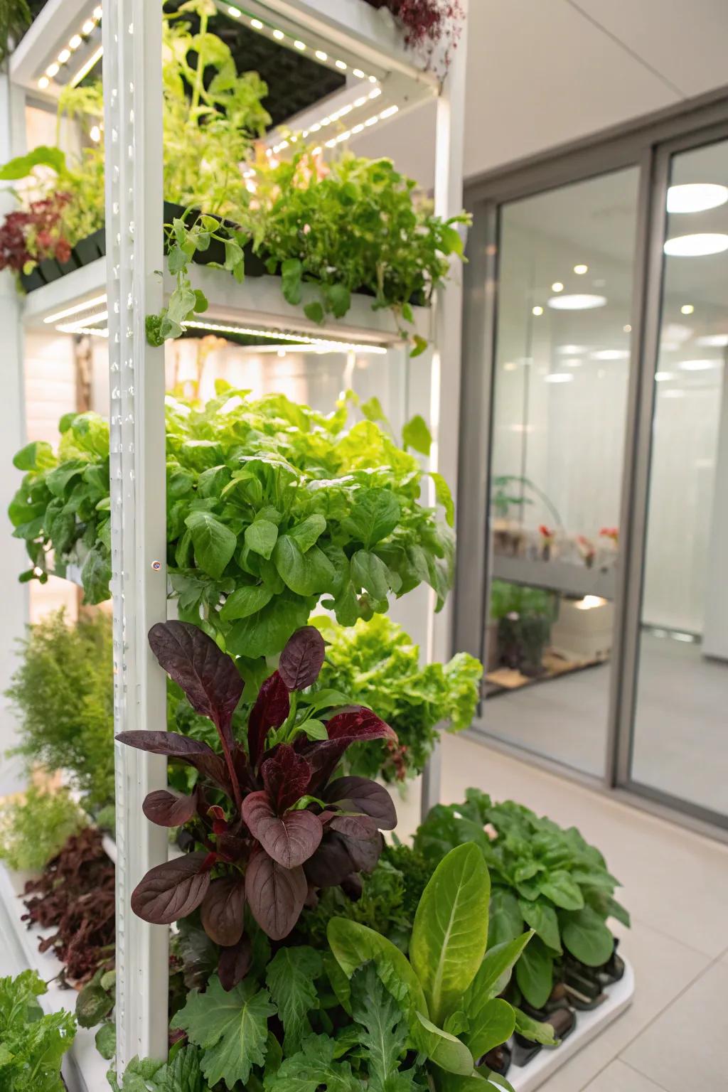 A modern soilless upright garden maximizing efficiency.
