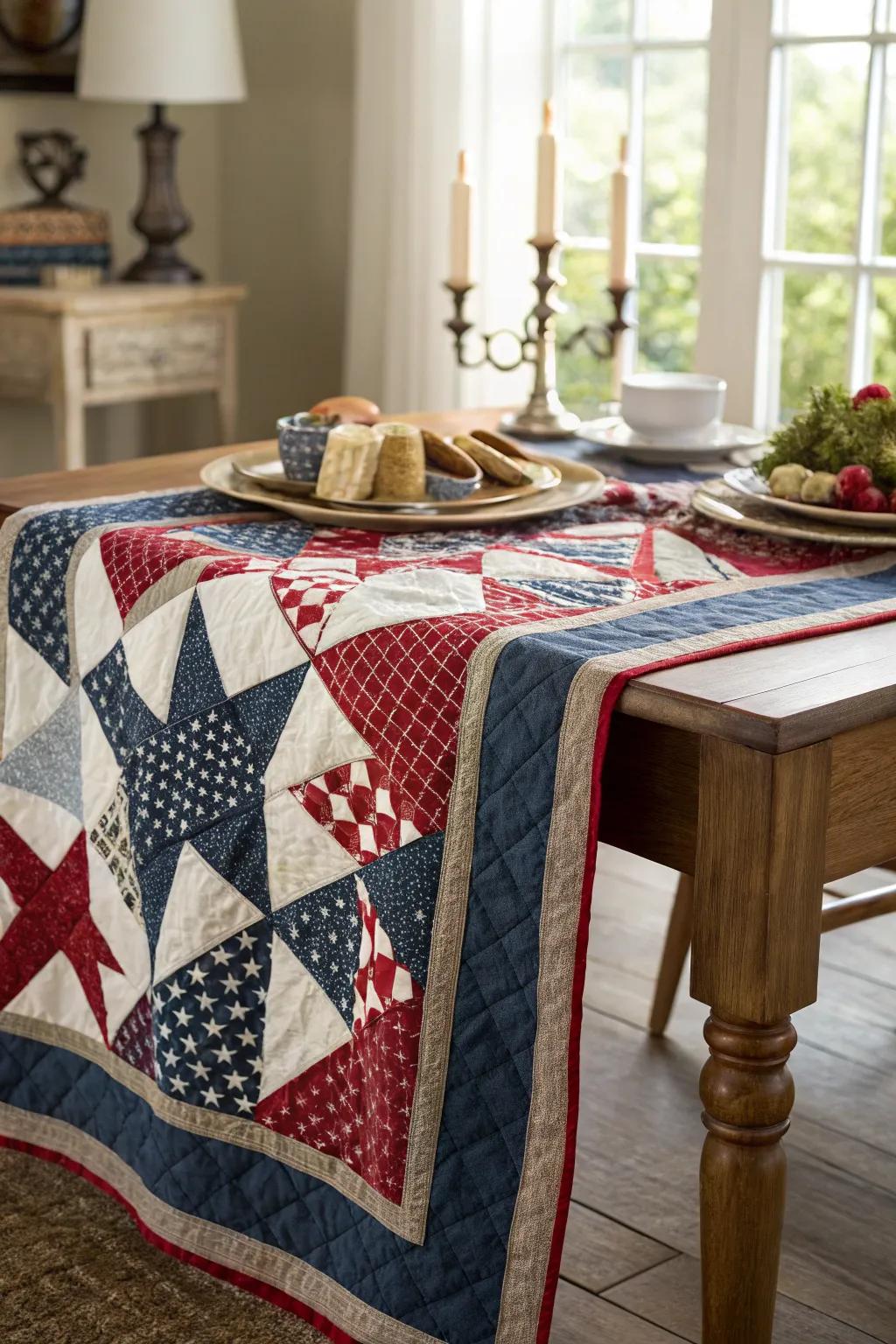 A patriotic quilt imparting warmth to the setting.