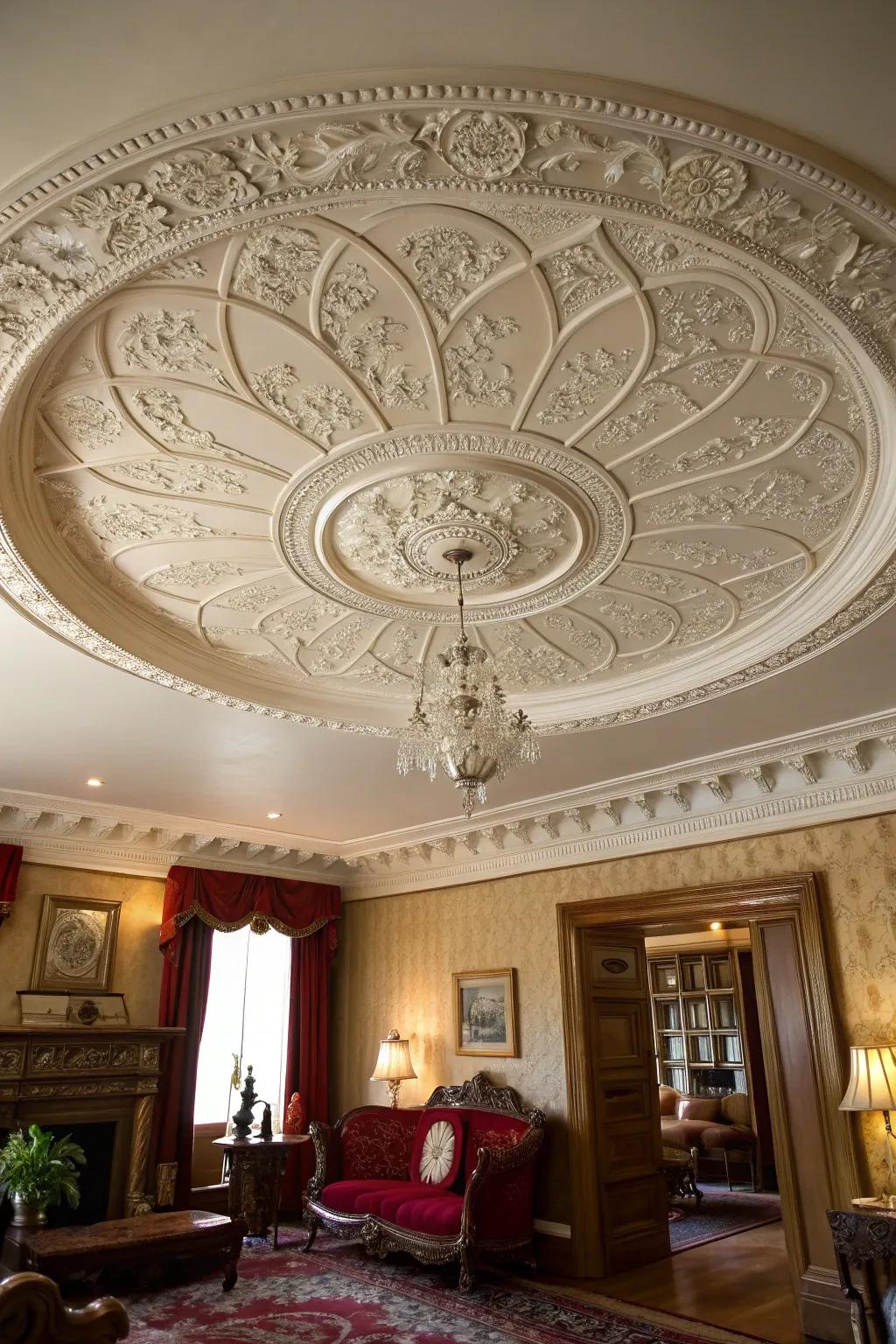 A decorative roof rosette contributes an elegant finishing touch to the space.