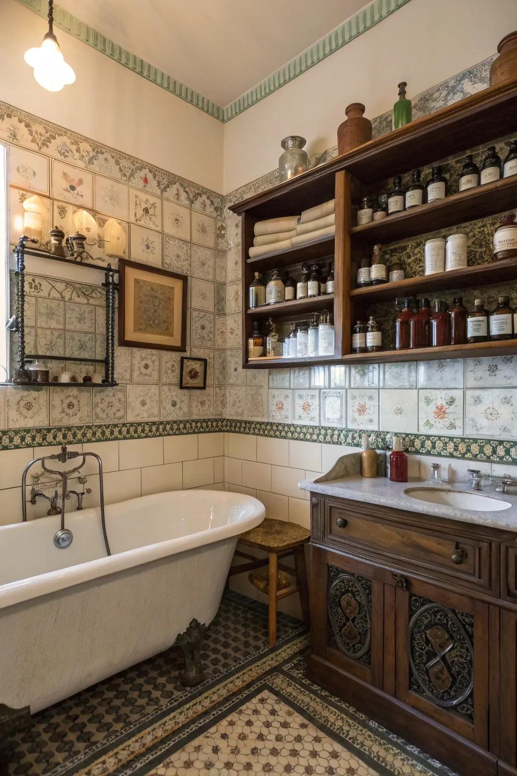 Antique shelving presents convenient elegance and display options.
