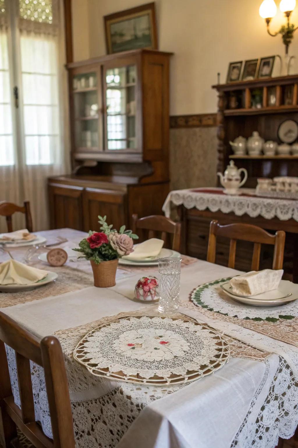 Lace and linen add delicate elegance to your holiday table.