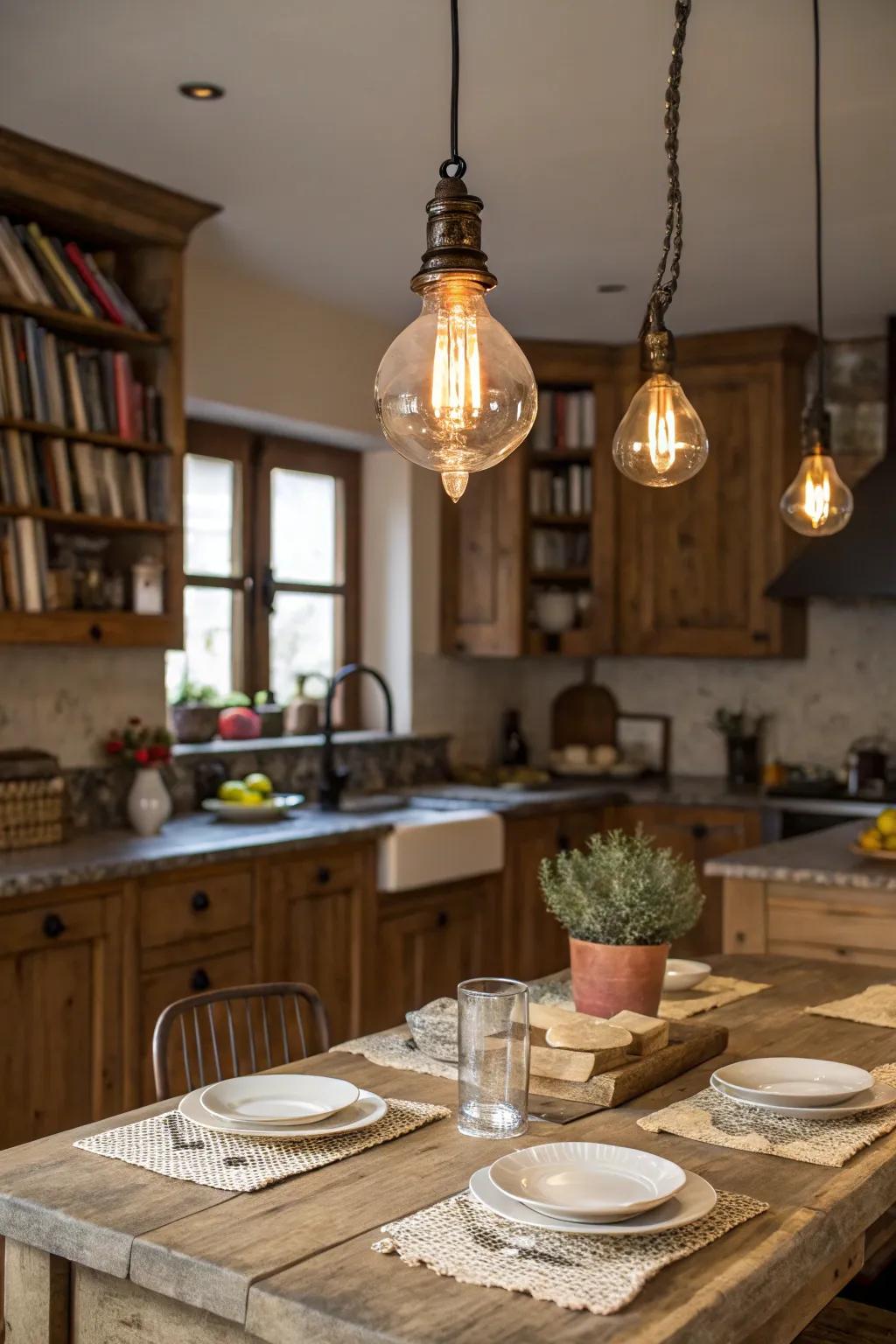Classic pendant illuminations inject warmth and charisma into the cookhouse.