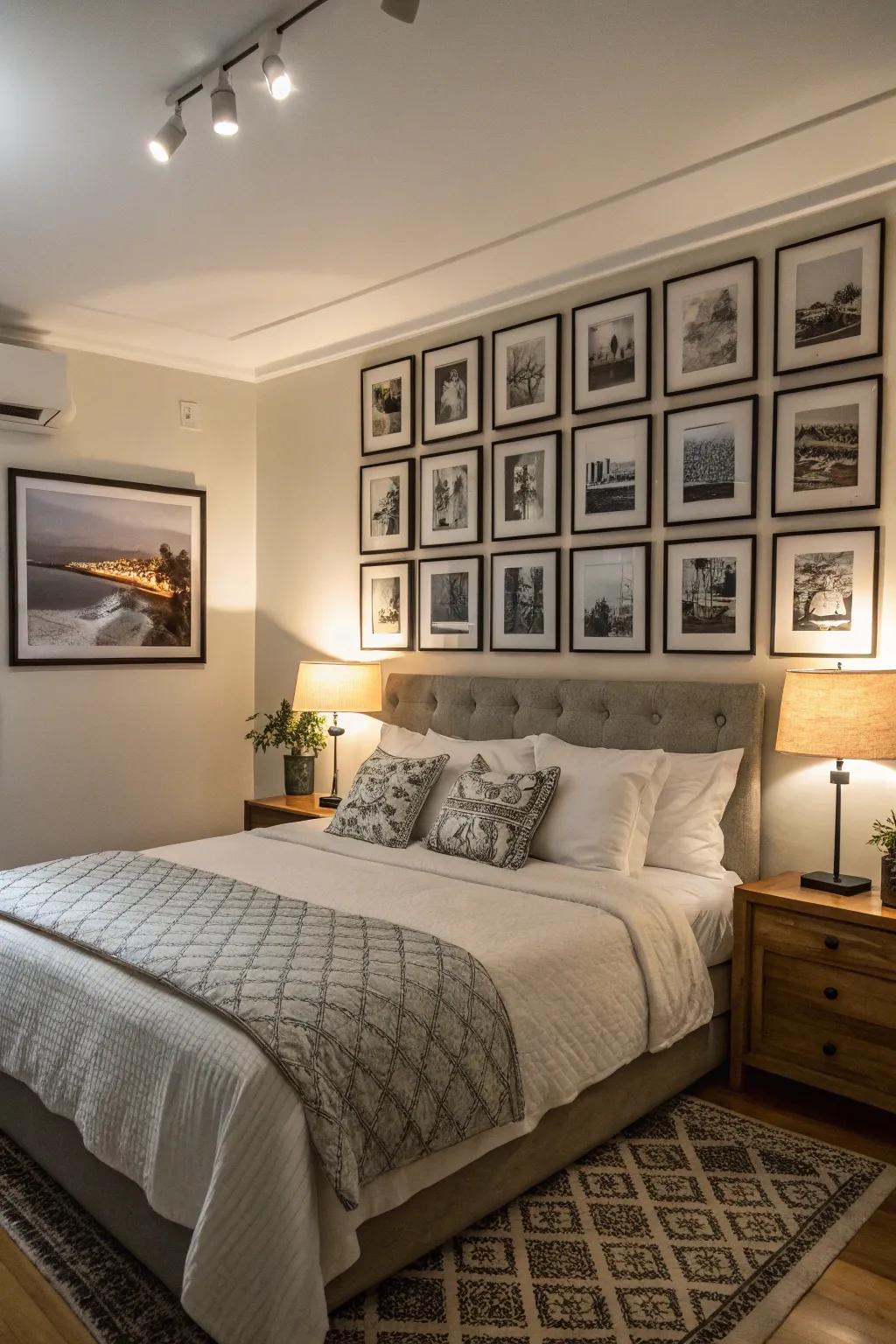 Black and white photography brings a timeless elegance to your bedroom.