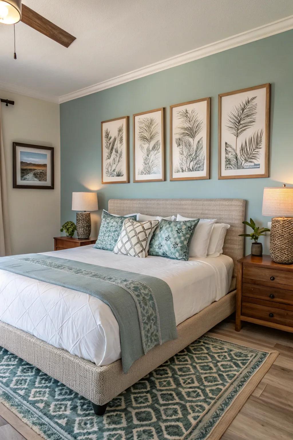 Coordinating art pieces craft a cohesive aesthetic.