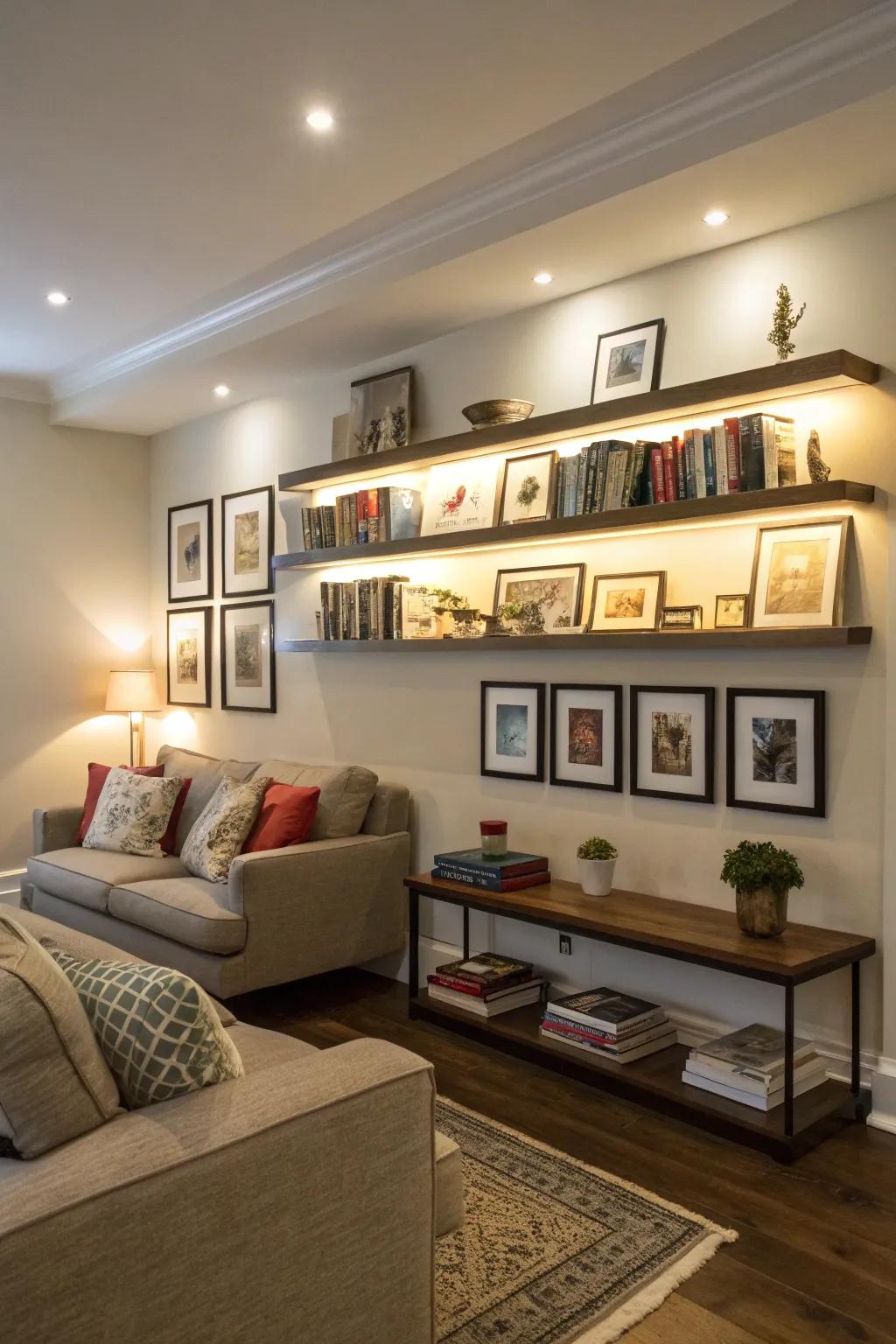 A versatile and fashionable display space is created by floating shelves.