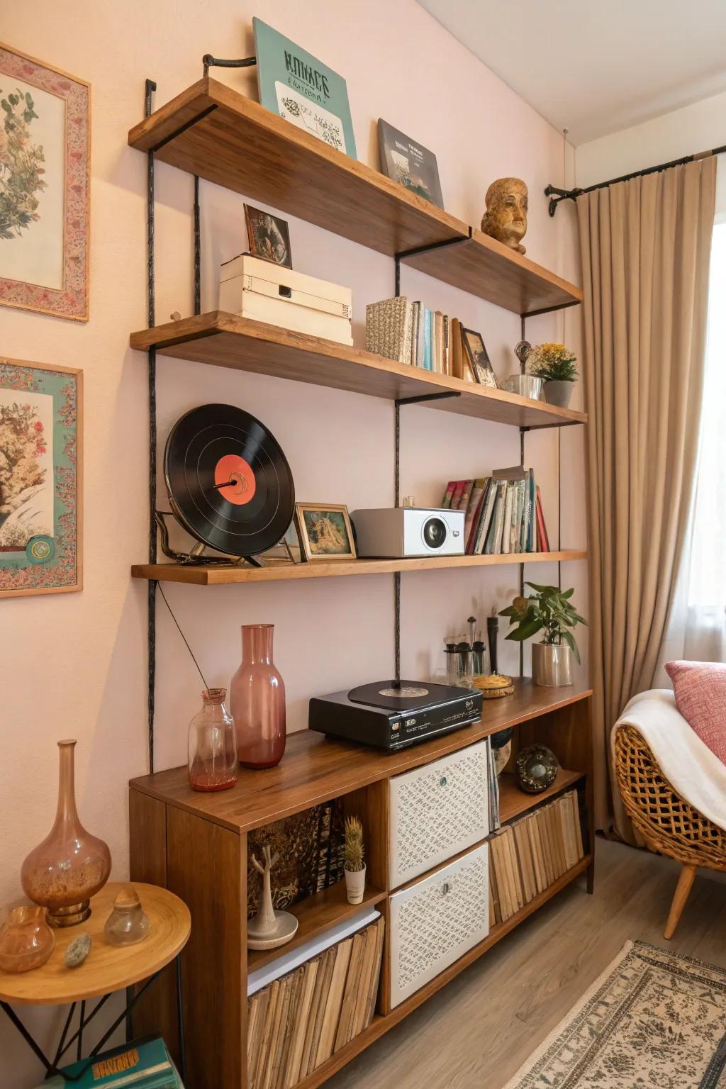 Bestow persona via retro-styled shelves.