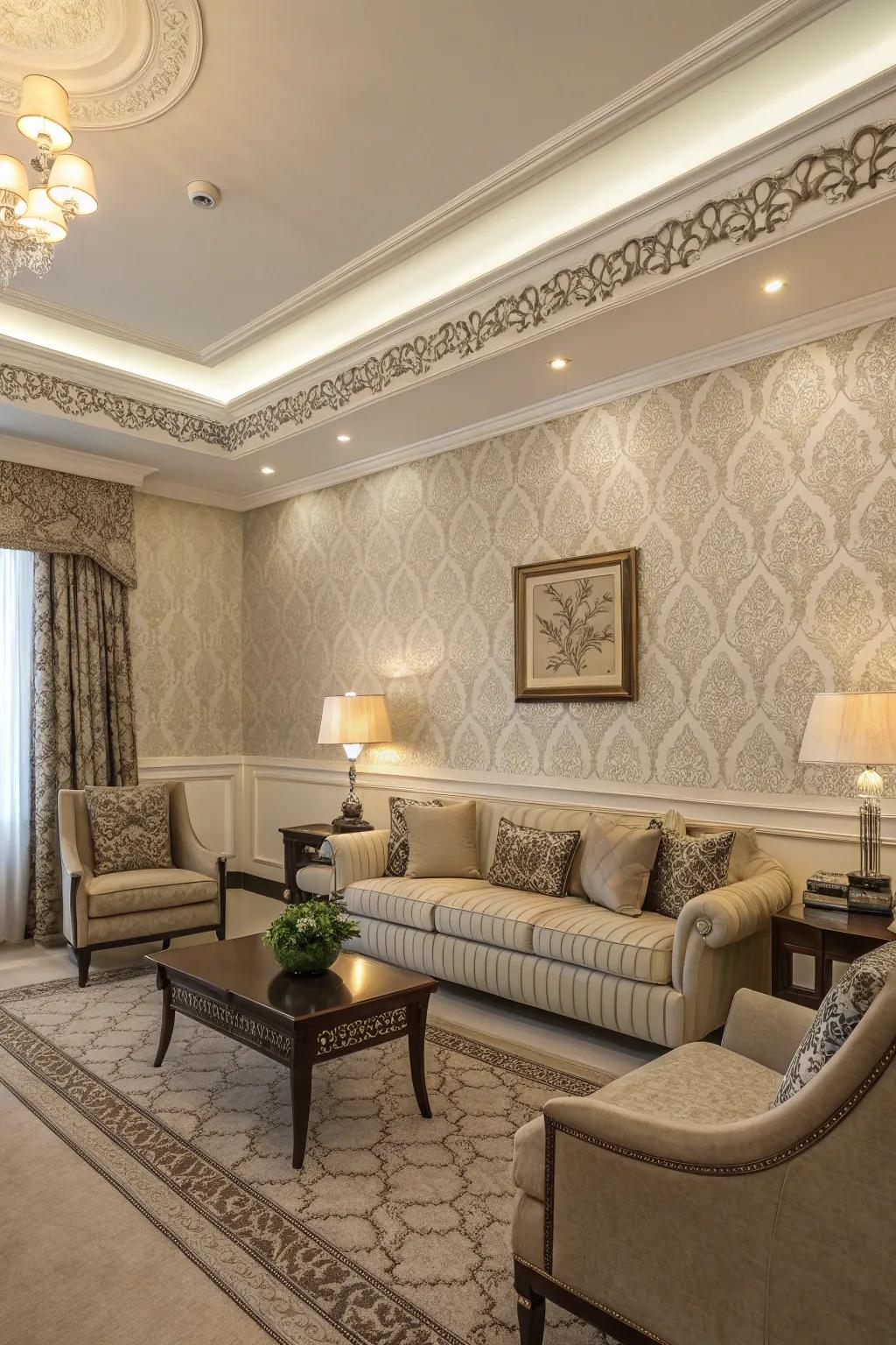 An elegant living room with a textured wallpaper border that adds depth.