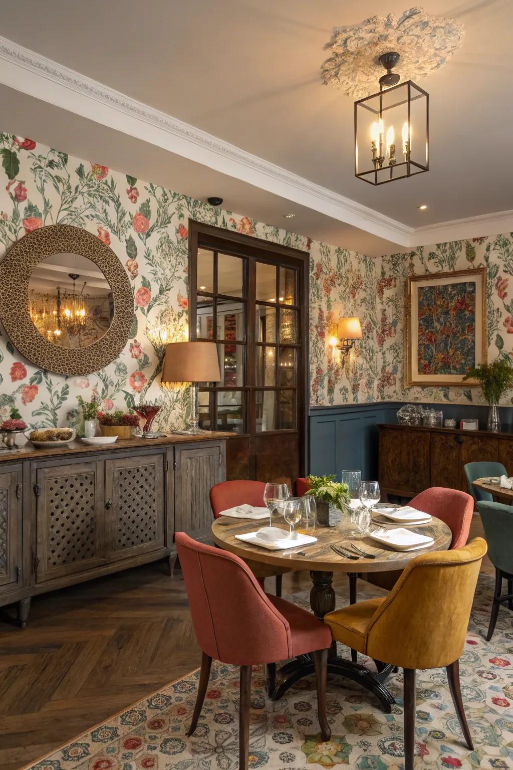 Varied wallpaper crafting a vibrant and welcoming dining space.