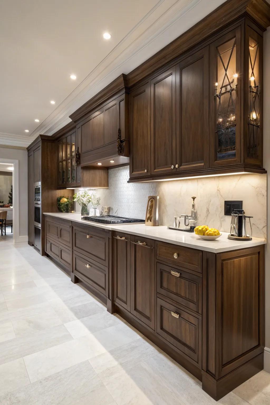 Darkwood cabinets offer timeless sophistication.