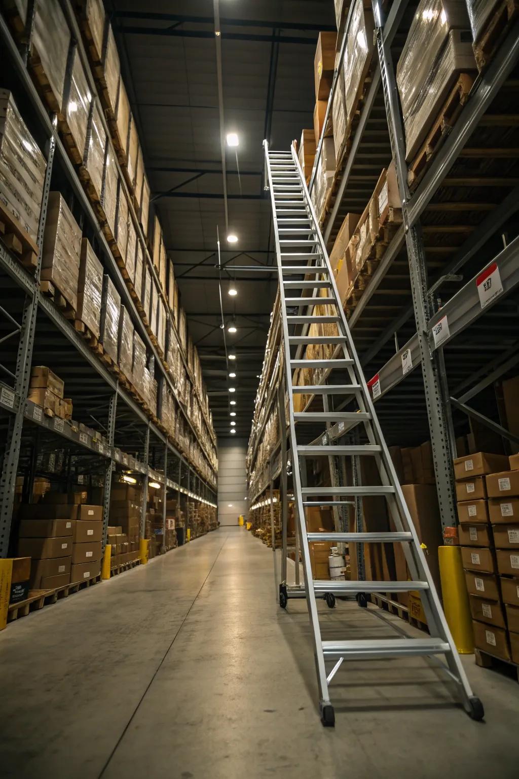 Rolling ladders give safe access to areas for vertical storage.