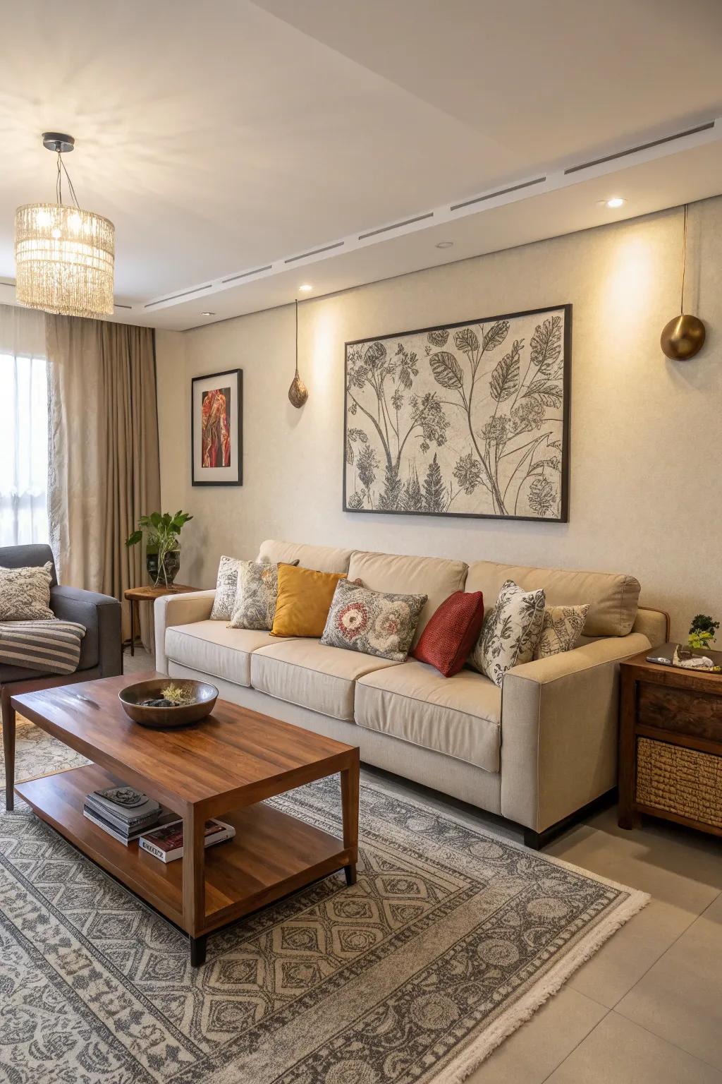 A distinctive item anchors a neutral living space, thereby delivering focus.