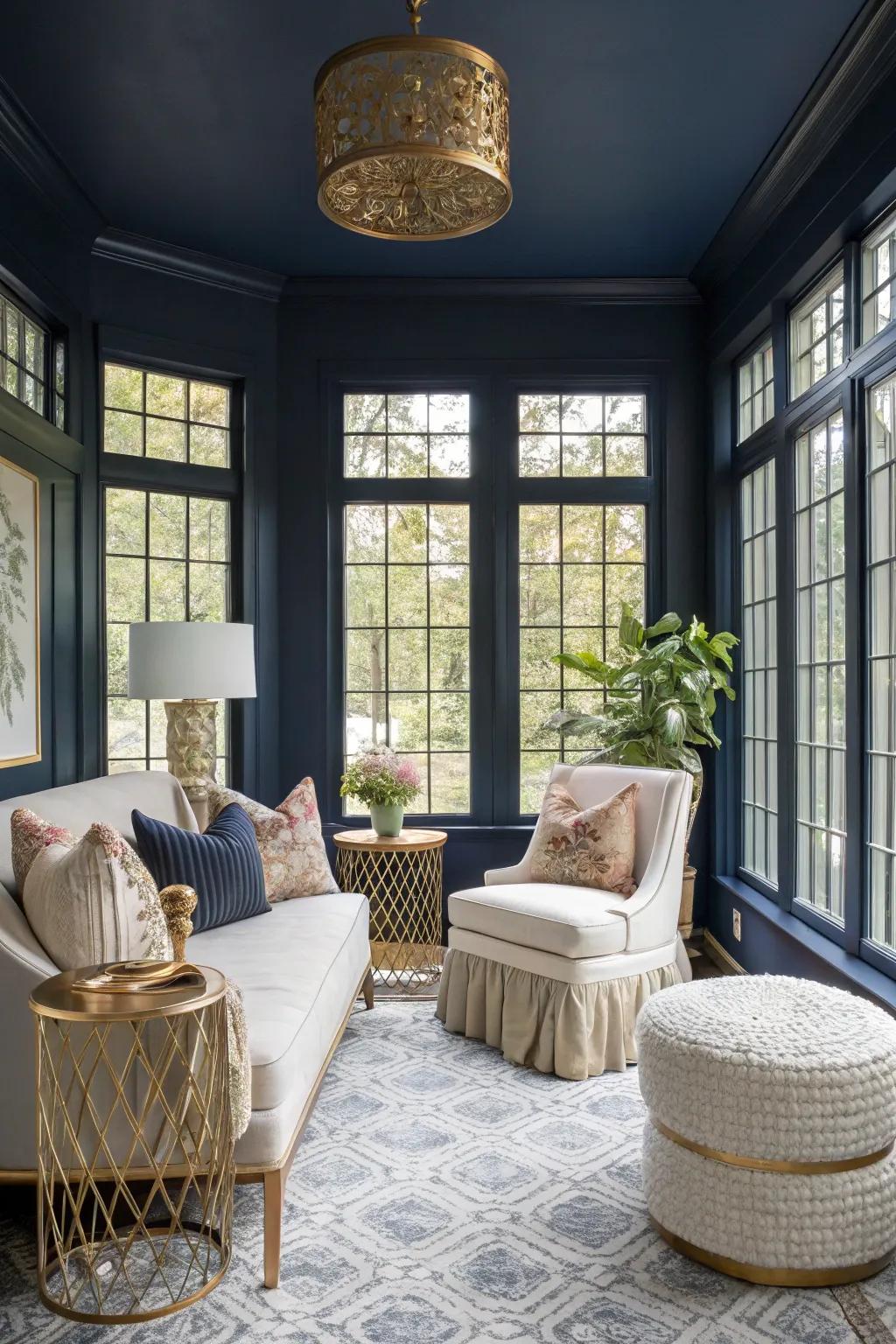 Sunroom with classic indigo walls, delivering bold contrast and sophistication.