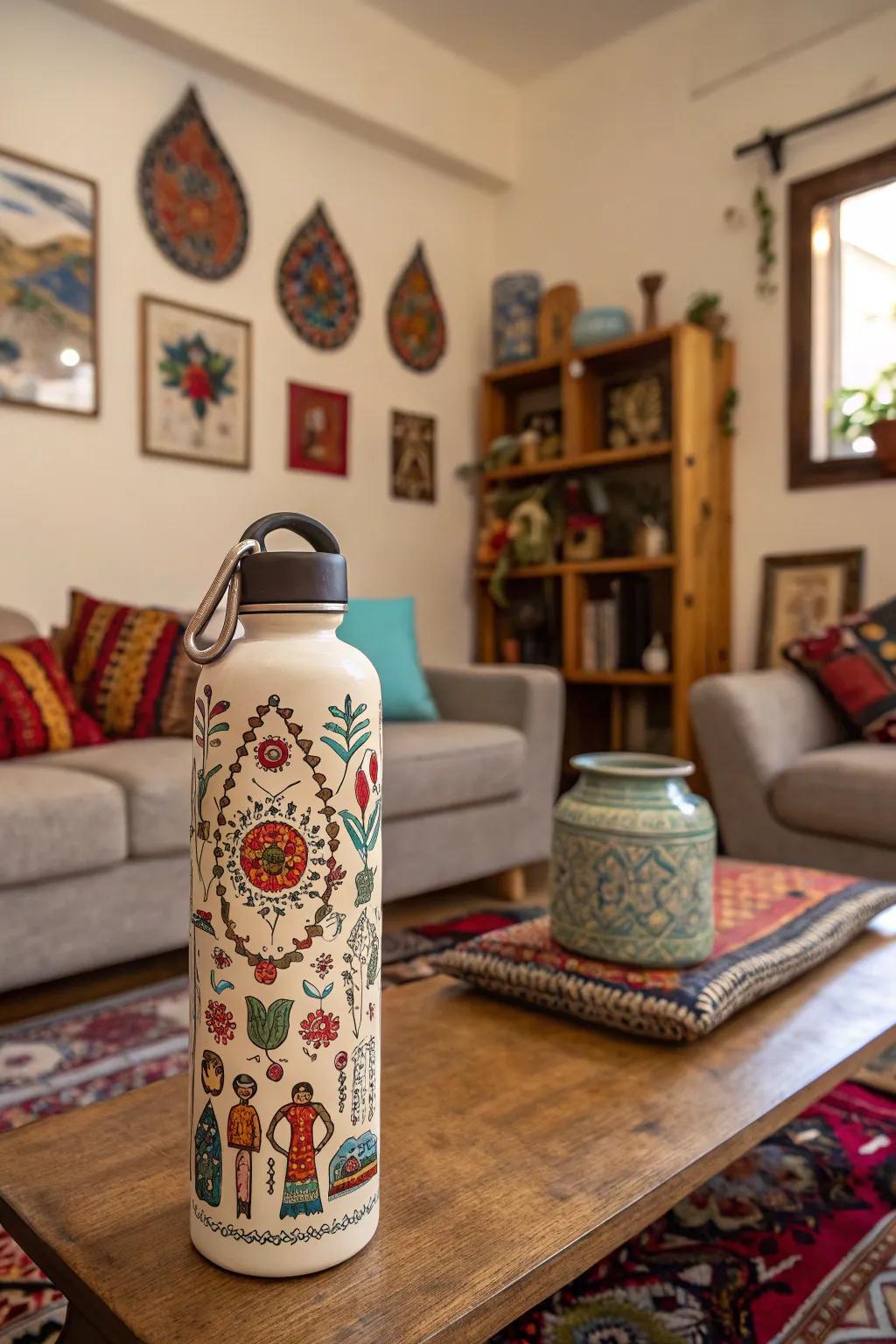 Cultural motif water bottle designs for a worldly touch.