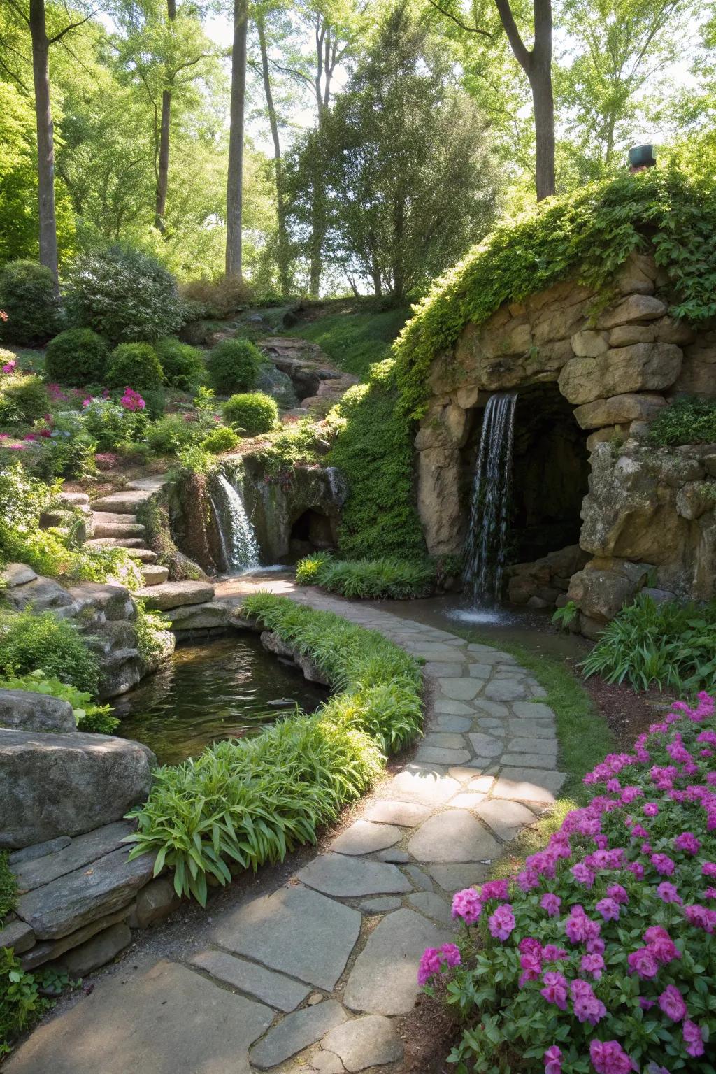 A magical garden grotto featuring a hidden rock water feature.