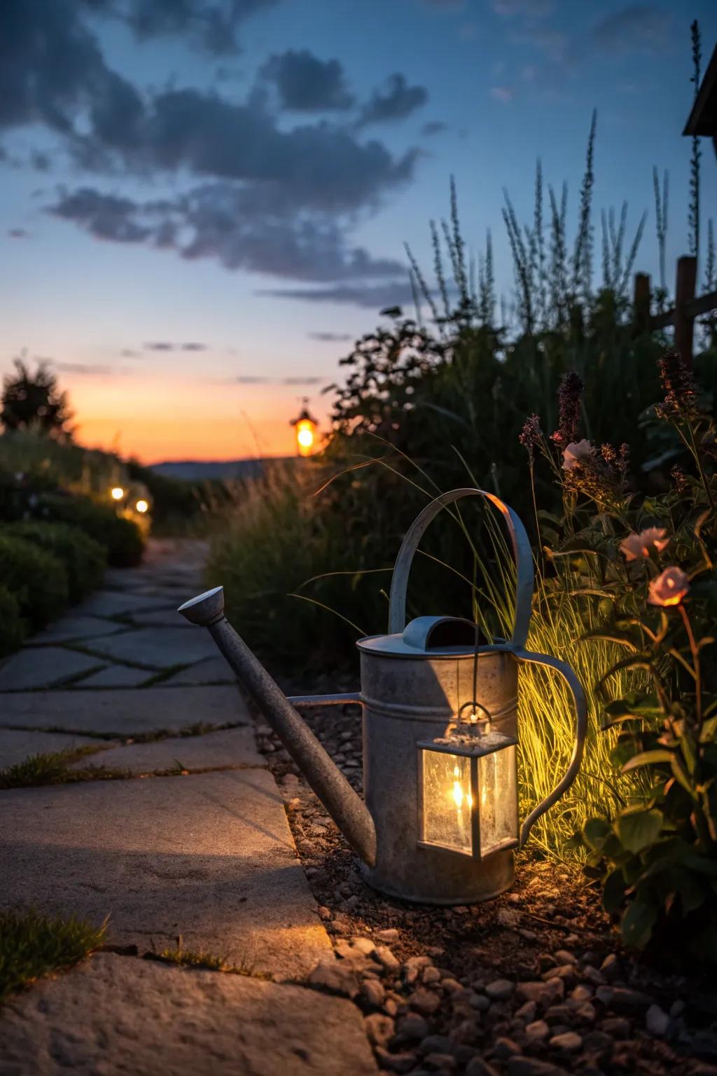 An outdoor torch holder constructed from a sprinkler, illuminating the garden.