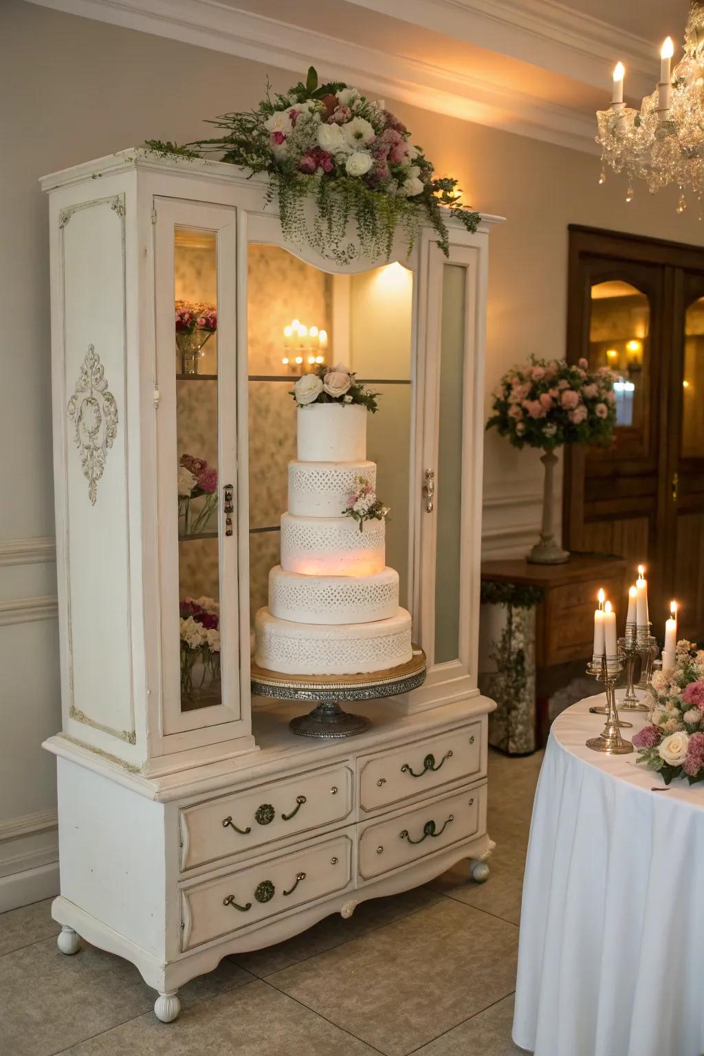 A vintage storage piece offering a unique base for the wedding cake.