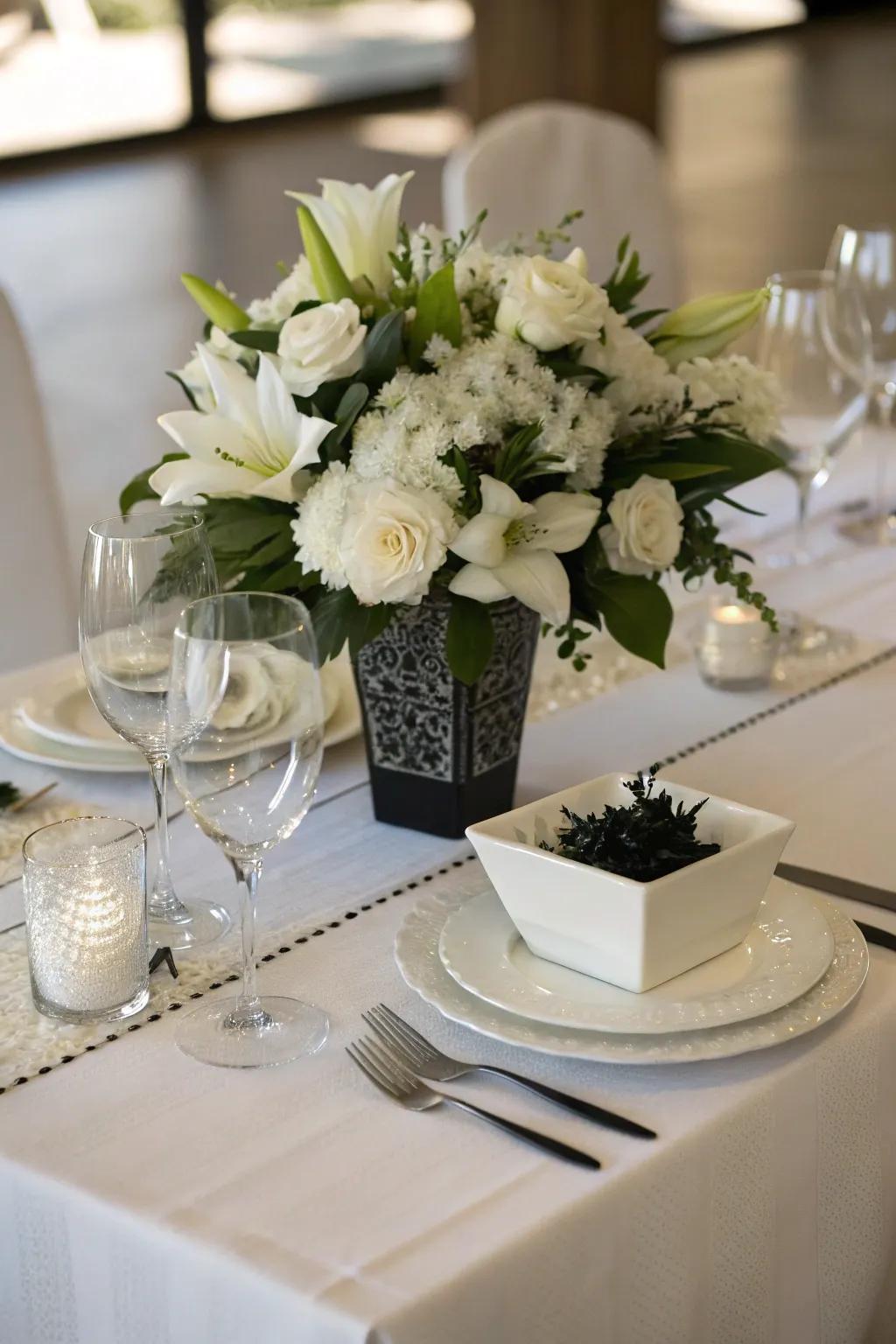 A chic black and white centerpiece exuding modern elegance.