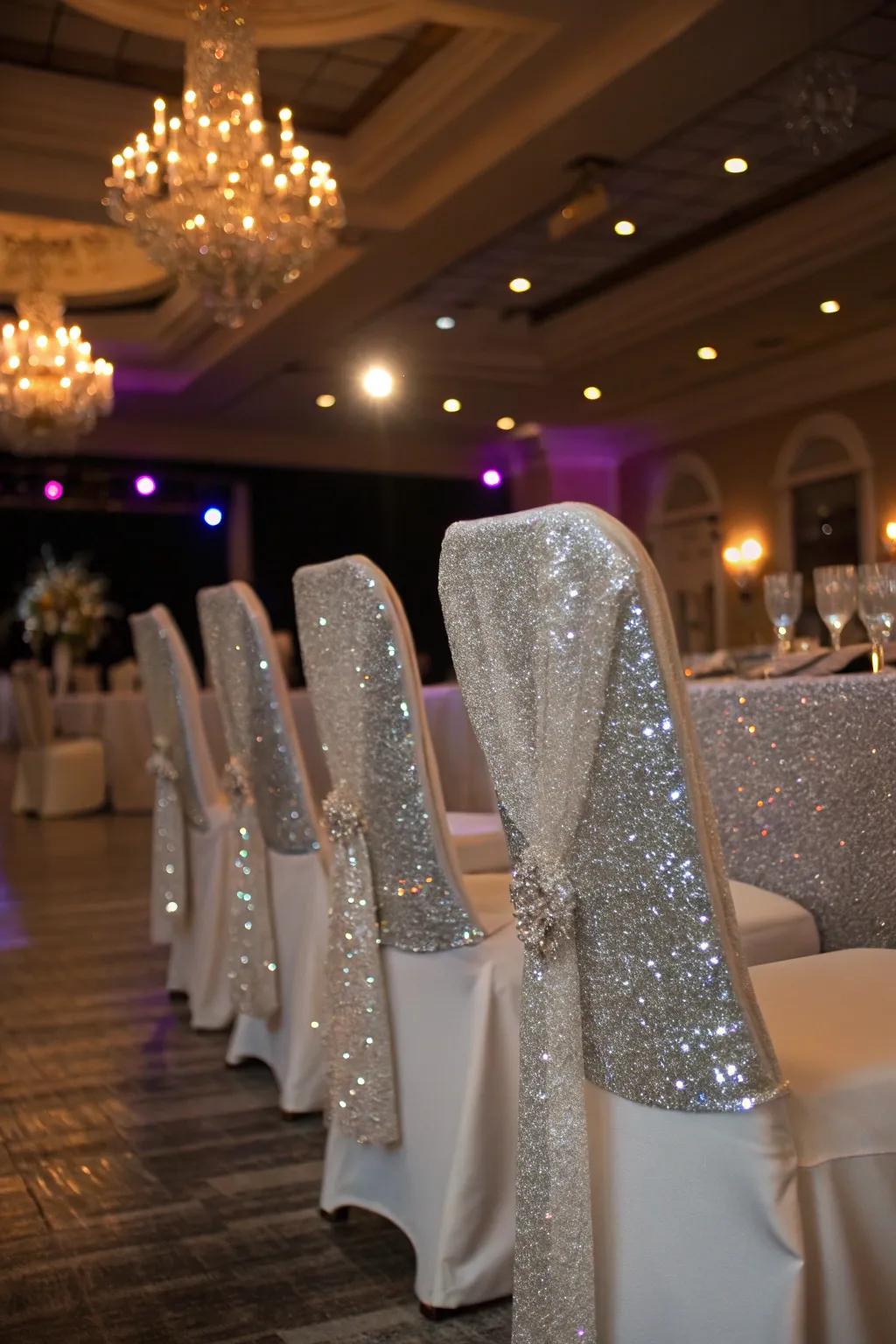 Sequin covers inject a dazzling effect into evening weddings.