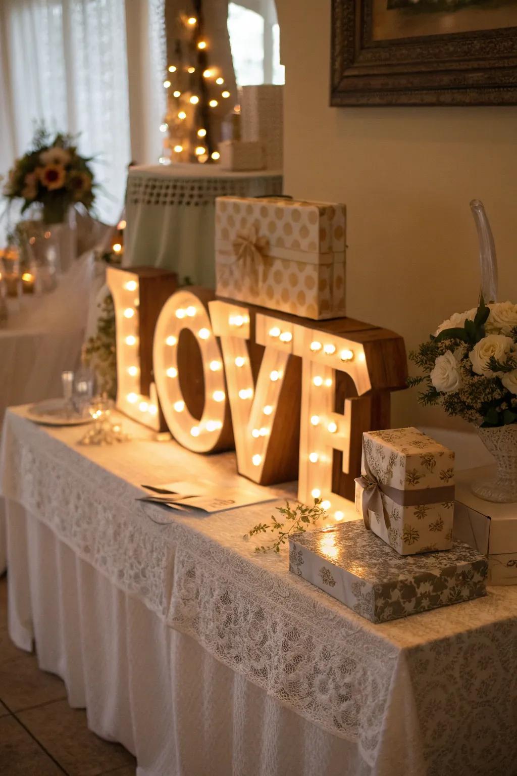 Illuminated message displays add warmth to evening weddings.