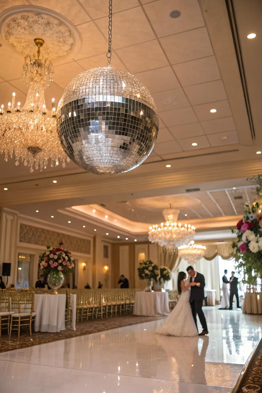 Glimmering spheres introduce retro amusement and sparkle.