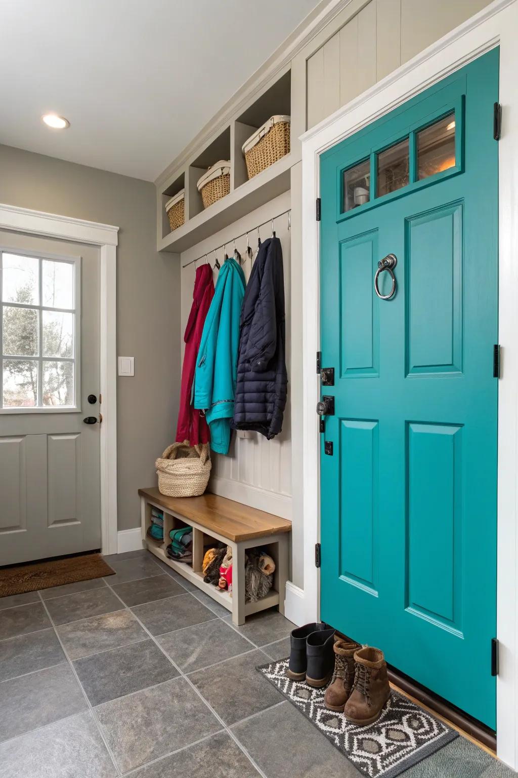 Turquoise doors contribute a playful and fresh vitality.