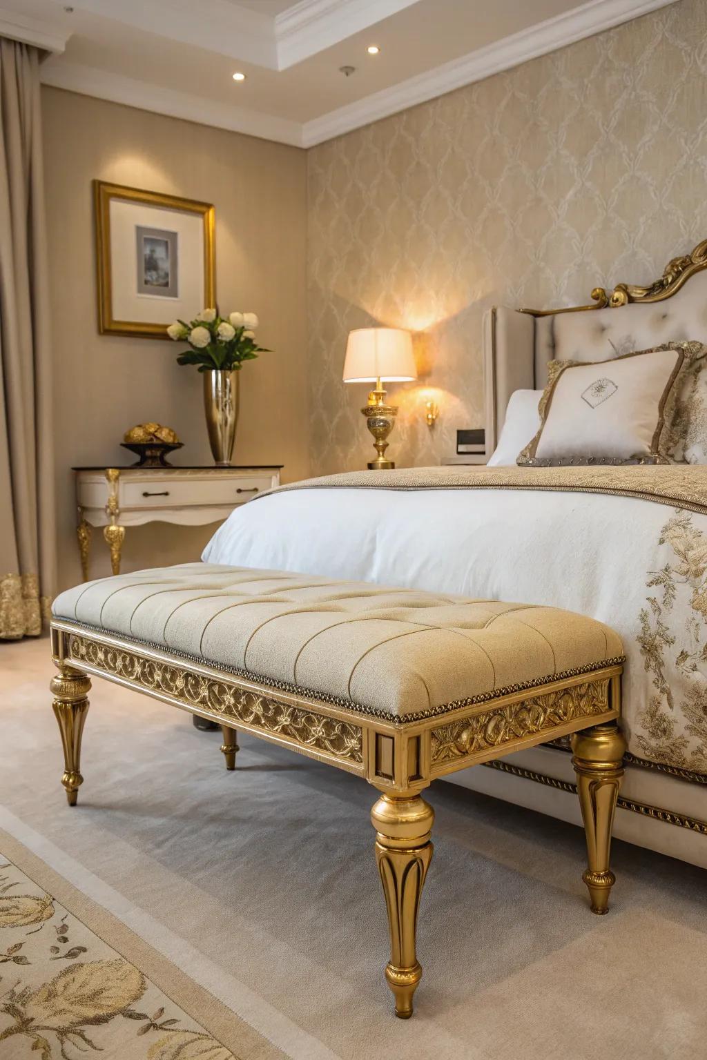 A gold-accented bench combines practicality with style.