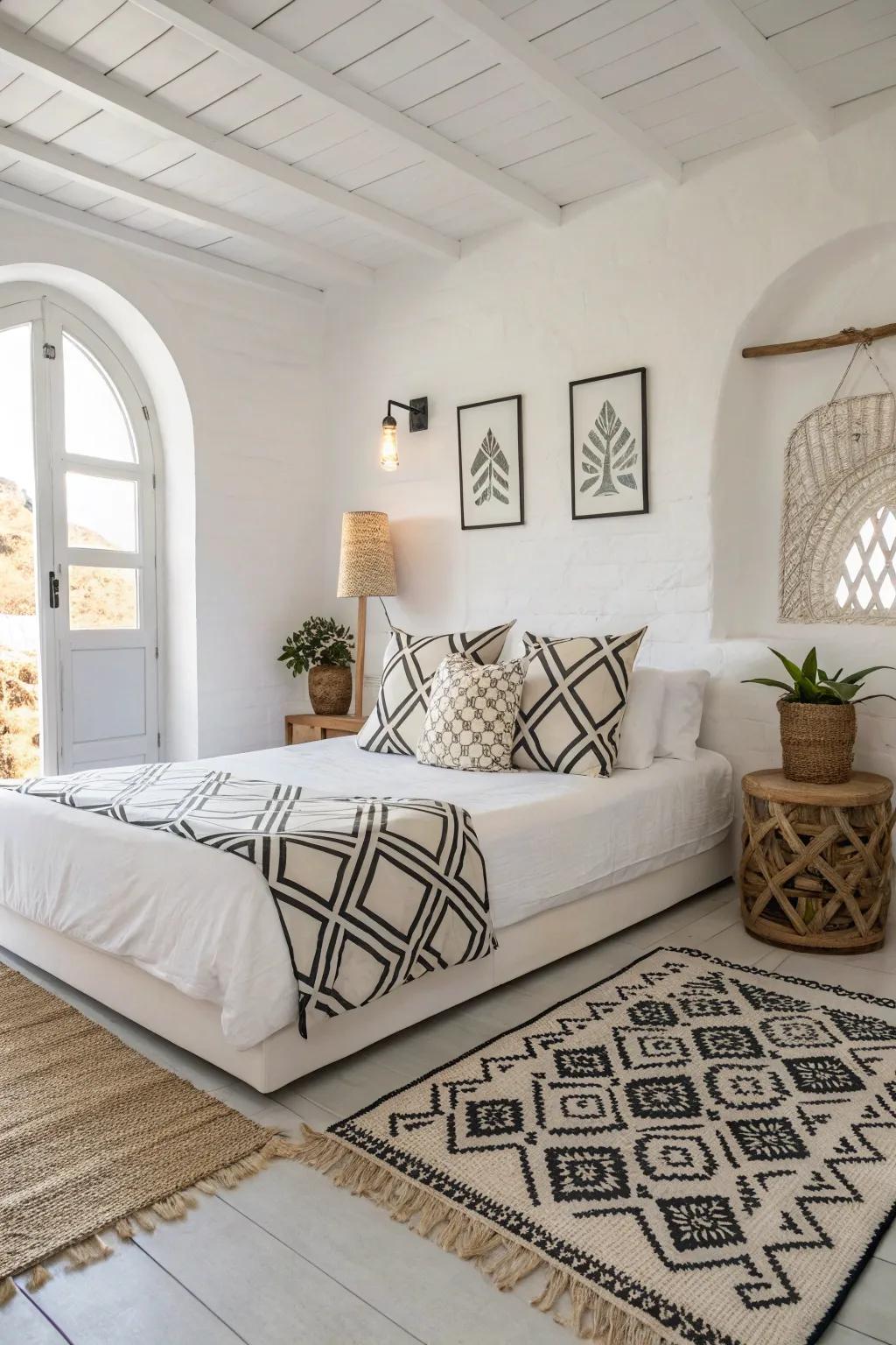 Mathematical patterns contribute a contemporary touch to a white bedroom.