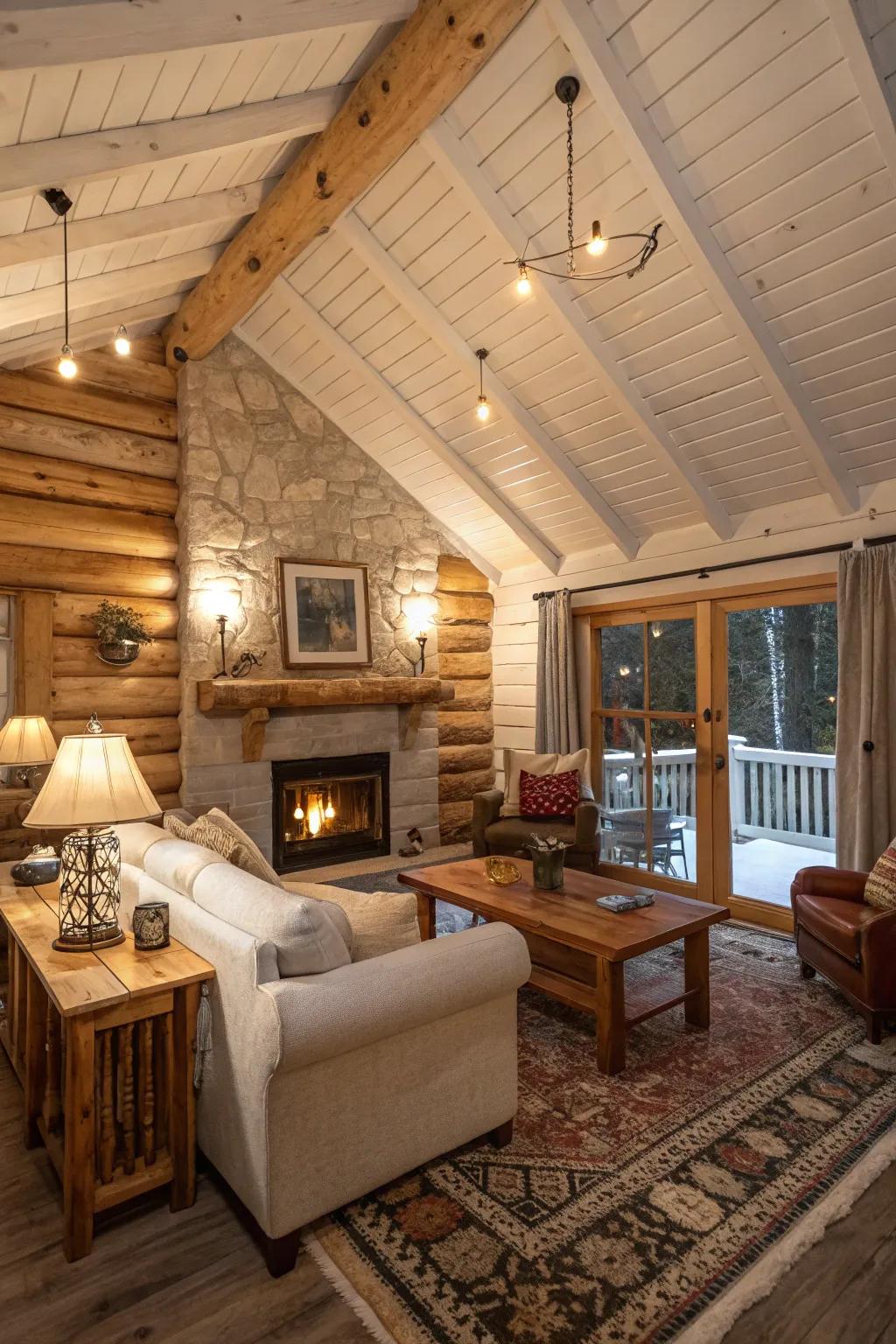 A rustic cabin interior with a whitewashed wood ceiling, adding warmth and texture.