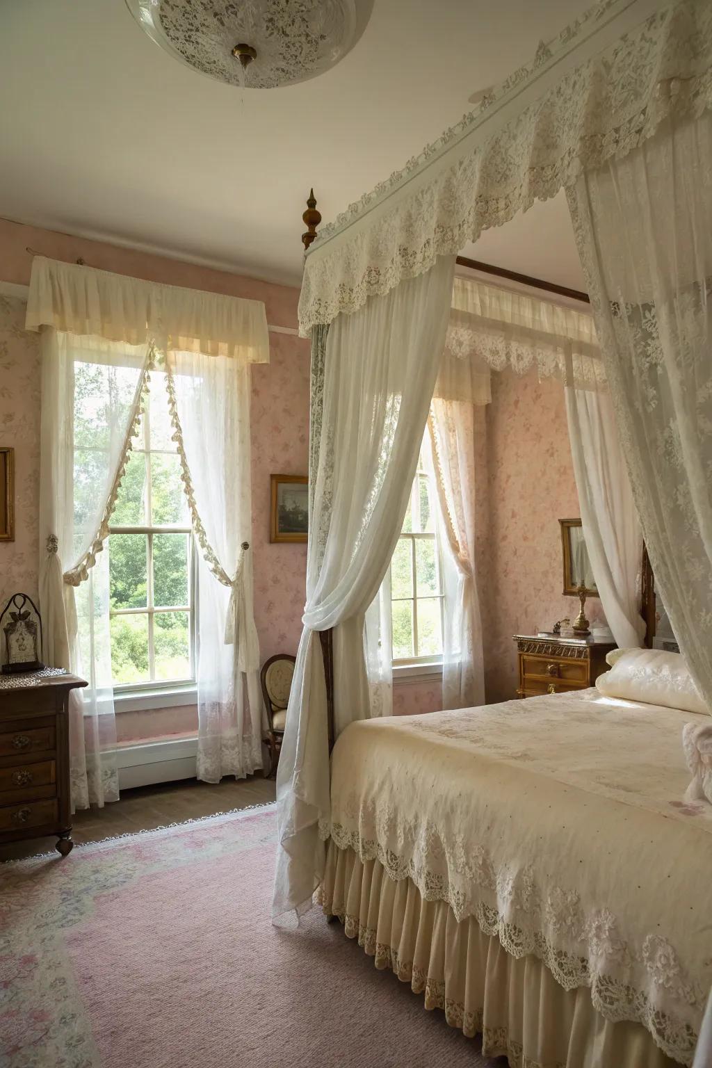 White lace curtains add vintage charm and romance to this bedroom.