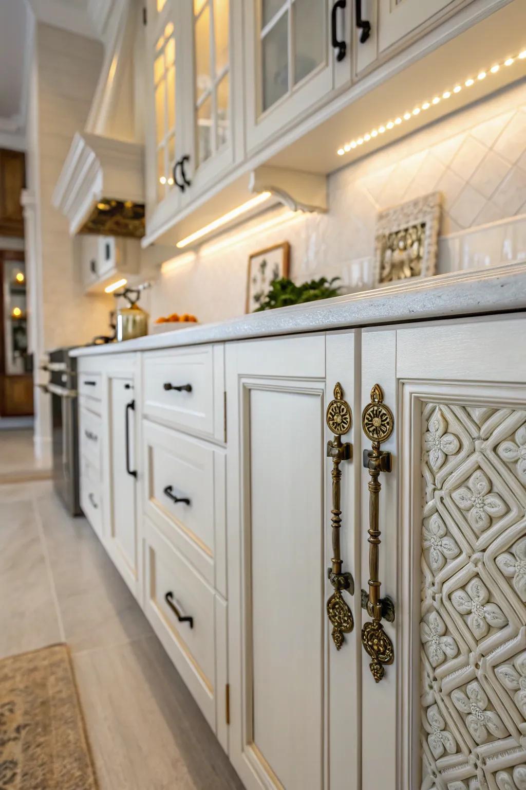 Vintage charm with decorative cabinet latches.