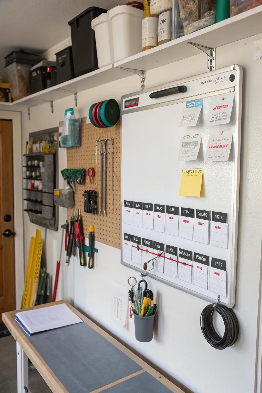 A magnetic strip affixed to the whiteboard keeps accessories readily available.