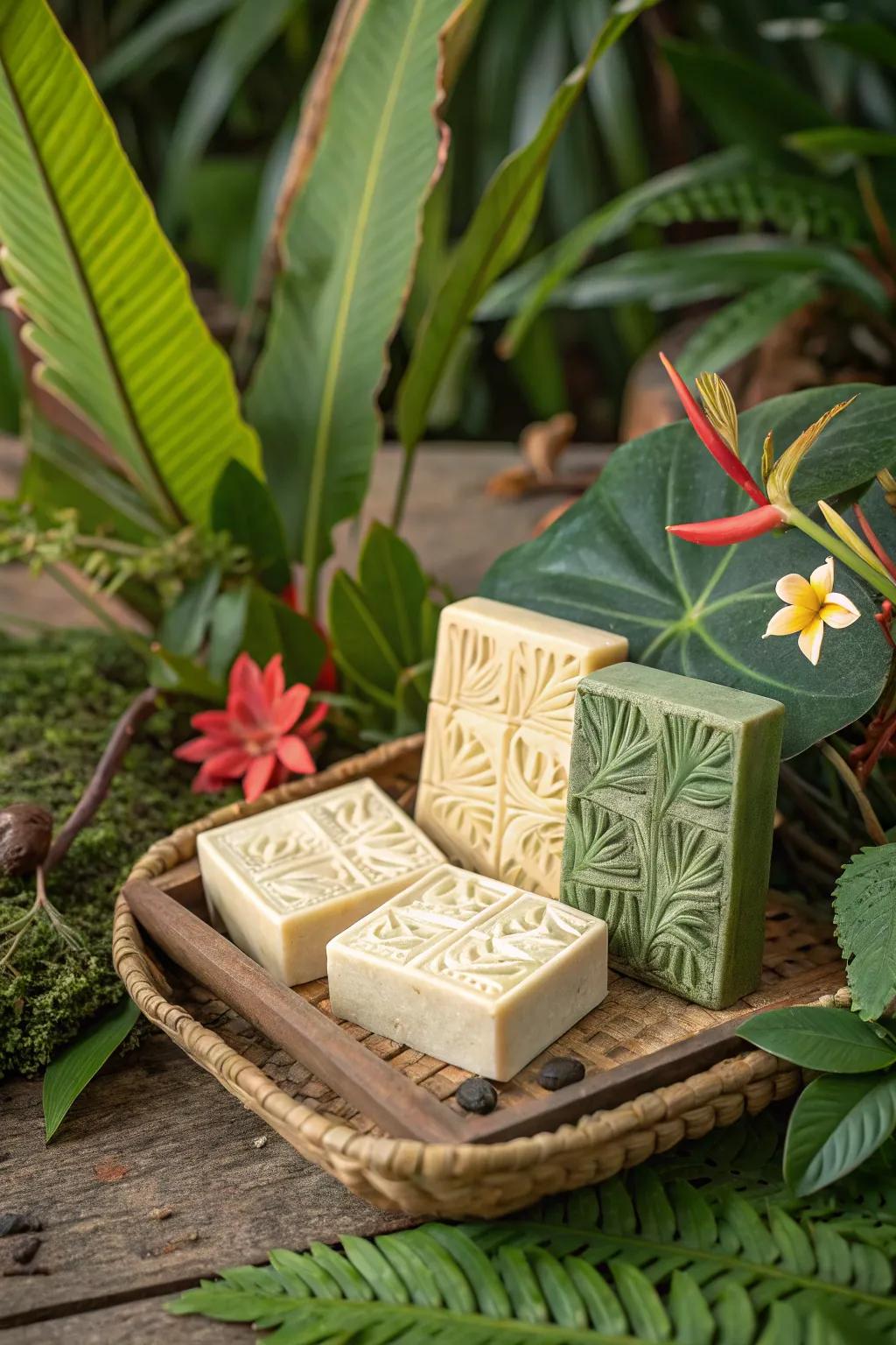 A practical and opulent present are jungle-themed soap bars.