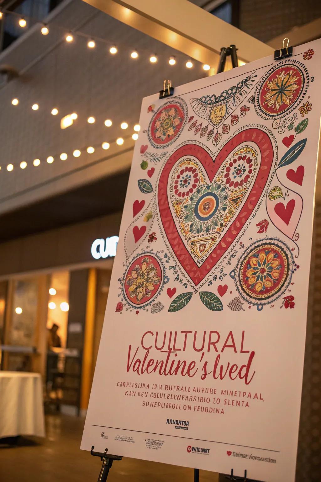A unique Valentine's placard drawing from cultural motivations and traditional designs.